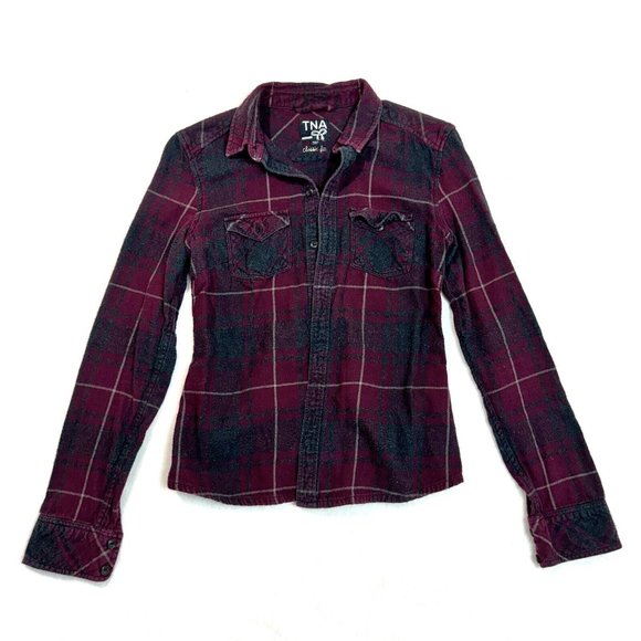 TNA Aritzia Women's XS Classic Fit Red & Black Plaid Flannel Shirt Button Down - Picture 1 of 10